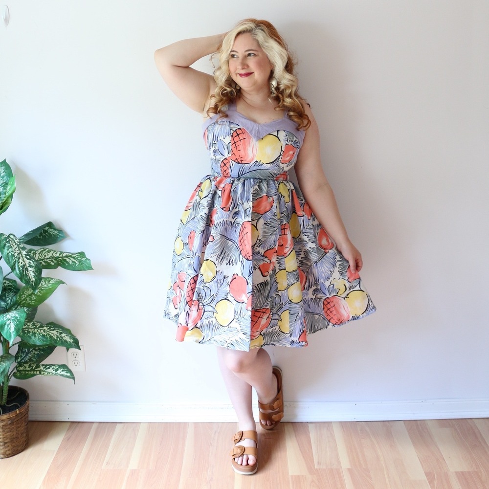 Vintage Tropical Fruit Dress Lavender Pineapple Print Rockabilly Fit Flare - Picture 1 of 8